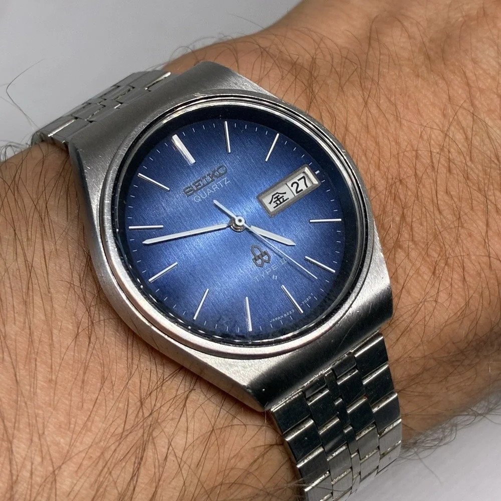 Vintage Seiko Type II 8223-701D Blue Dial Quartz Men's Watch 35mm - NEW CRYSTAL!